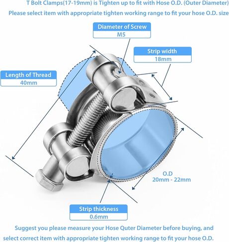 16Pack T Bolt Hose Clamps Set, 8 Size 3/4"~2.5" T bolt Heavy Duty Hose Clamp Working Range 28-78mm, 304 Stainless Steel for Radiator Hoses Clamp in Saudi Arabia