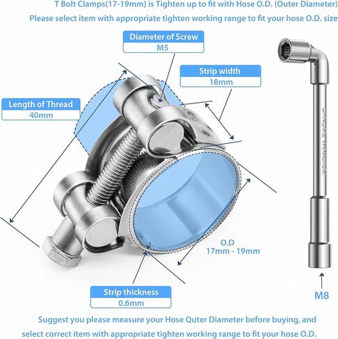 6 حزمة 17-19 ملم (0.67-0.75 ") مشبك خرطوم T-Bolt ، مقاوم أنبوب أنبوب من الفولاذ المقاوم للصدأ _304 ، مشابك أنابيب توربو ، مشبك خرطوم المبرد الثقيل ، مشبك T-Bolt. in Kuwait
