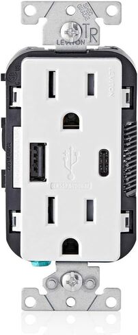Leviton T5638 18W USB Type-A/C في الشاحن في الجدار مع منفذ 15A ، شاحن USB للهواتف الذكية ، الأبيض in Kuwait