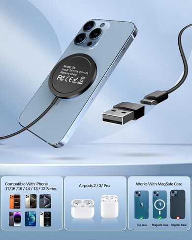 الشاحن اللاسلكي المغناطيسي الشاحن السريع السريع لـ iPhone 16 Pro Max/16 Pro/16/16 Plus/15/14/13/12 Series AirPods 3/2/Pro/Pro 2 in Kuwait