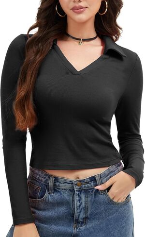 Womens V Neck Long Sleeve Polo Shirts Slim Fitted Collared Business Casual Tops Basic T Shirts Fall Shirt in Saudi Arabia