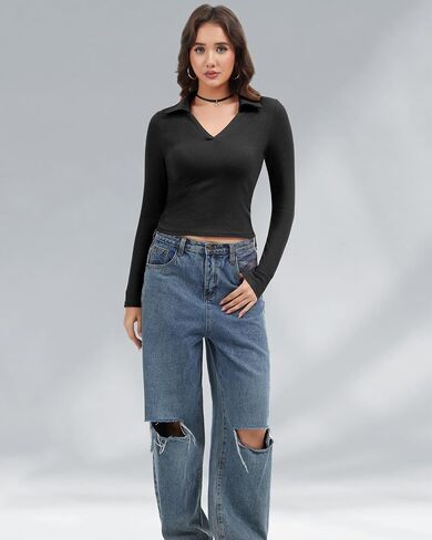Womens V Neck Long Sleeve Polo Shirts Slim Fitted Collared Business Casual Tops Basic T Shirts Fall Shirt in Saudi Arabia