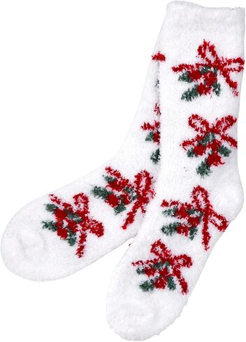 Bella Ultra Soft Plush Slipper Sock in Ornament for Gift Basket or Stocking Stuffer, Plush Polyester White With Green Bow, One Size Fits Most in Saudi Arabia