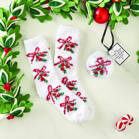 Bella Ultra Soft Plush Slipper Sock in Ornament for Gift Basket or Stocking Stuffer, Plush Polyester White With Green Bow, One Size Fits Most in Saudi Arabia