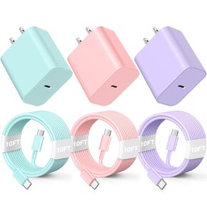 متوافق مع شحن iPhone16/15 Charger Charging ، 3 حزمة 20W USB C كتلة شاحن ملونة مع 10 أقدام من USB-C إلى C كبل لل phone6 ​​15 Pro/Pros/Pro Max ، Pad Pro 12.9/11 بوصة ، Pad Air 5th-Pink/Green/Black in Kuwait