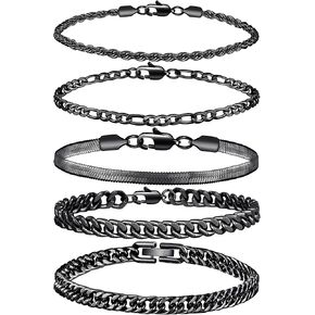 سوار سلسلة Rankeef 5pc للرجال - الفولاذ المقاوم للصدأ فيجارو الحبل الكوبي مجموعة 7.5/8.3/9 بوصات سوار فضي للرجال للأب ، الزوج ، صديقها in Kuwait