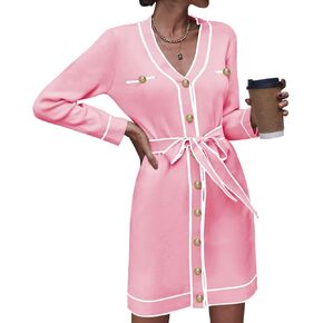 Pink Queen Women's Long Sleeve Button Down Mini Dress Elegant V Neck Open Front Color Block Knit Sweater Cardiagns with Belt in Saudi Arabia
