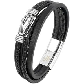 سوار الجلود السوداء Jewellbox للرجال مع الحجم الصليب اللاتيني- 8 ' in Kuwait