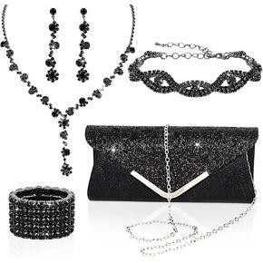 Wecoe 5pcs/set Jewelry Purse Set For Women Handbags Clutch Rhinestone Diamond Necklaces Bracelets Earrings Ring Set Wedding Bridal Prom Homecoming Costume Jewelry Formal Evening Bag Accessories in Kuwait