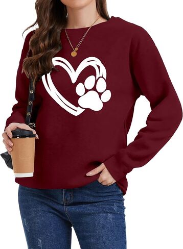 Womens Dog Mama Sweatshirts Dog Paw Print Love Heart Graphics Long Sleeve Crewneck Pullover Casual T-Shirts in Saudi Arabia