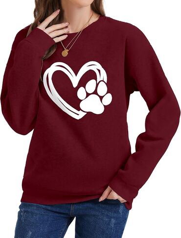 Womens Dog Mama Sweatshirts Dog Paw Print Love Heart Graphics Long Sleeve Crewneck Pullover Casual T-Shirts in Saudi Arabia