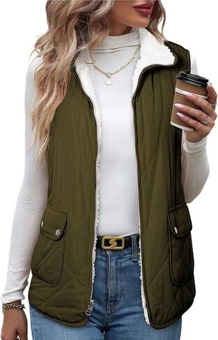 SHEWIN Women Puffer Vest Casual Stand Collar Sleeveless Puffer Jacket Warm Winter Reversible Zip Up Outerwear with Pockets in Saudi Arabia
