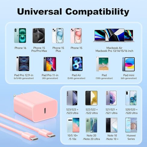 متوافق مع شحن iPhone16/15 Charger Charging ، 3 حزمة 20W USB C كتلة شاحن ملونة مع 10 أقدام من USB-C إلى C كبل لل phone6 ​​15 Pro/Pros/Pro Max ، Pad Pro 12.9/11 بوصة ، Pad Air 5th-Pink/Green/Black in Kuwait