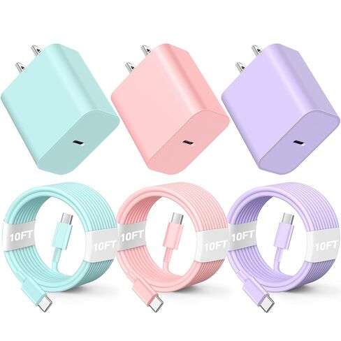 متوافق مع شحن iPhone16/15 Charger Charging ، 3 حزمة 20W USB C كتلة شاحن ملونة مع 10 أقدام من USB-C إلى C كبل لل phone6 ​​15 Pro/Pros/Pro Max ، Pad Pro 12.9/11 بوصة ، Pad Air 5th-Pink/Green/Black in Kuwait