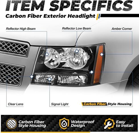 مجموعة المصابيح الأمامية من Auto Dynasty متوافقة مع Chevy Tahoe Suburban 1500 2007-2014 Avalanche Suburban 2500 2007-2013، جانب السائق والراكب، عاكس كهرماني مبيت أسود in Saudi Arabia