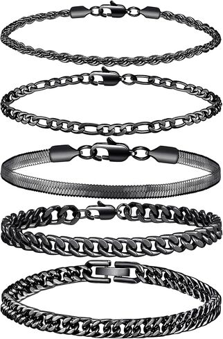سوار سلسلة Rankeef 5pc للرجال - الفولاذ المقاوم للصدأ فيجارو الحبل الكوبي مجموعة 7.5/8.3/9 بوصات سوار فضي للرجال للأب ، الزوج ، صديقها in Kuwait