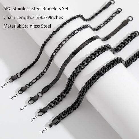 سوار سلسلة Rankeef 5pc للرجال - الفولاذ المقاوم للصدأ فيجارو الحبل الكوبي مجموعة 7.5/8.3/9 بوصات سوار فضي للرجال للأب ، الزوج ، صديقها in Kuwait