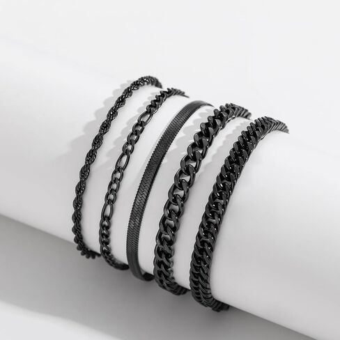 سوار سلسلة Rankeef 5pc للرجال - الفولاذ المقاوم للصدأ فيجارو الحبل الكوبي مجموعة 7.5/8.3/9 بوصات سوار فضي للرجال للأب ، الزوج ، صديقها in Kuwait