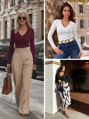 ATHMILE Womens Fall Deep V Neck Long Sleeve Shirts Modal Slim Fit Basic Tee Tops 2025 in Saudi Arabia