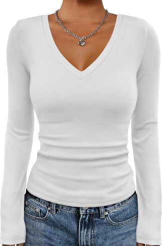 ATHMILE Womens Fall Deep V Neck Long Sleeve Shirts Modal Slim Fit Basic Tee Tops 2025 in Saudi Arabia