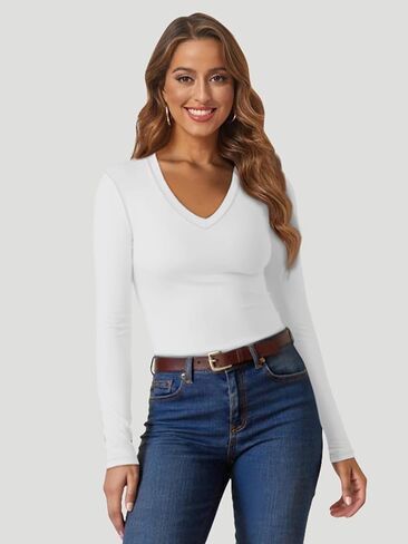 ATHMILE Womens Fall Deep V Neck Long Sleeve Shirts Modal Slim Fit Basic Tee Tops 2025 in Saudi Arabia