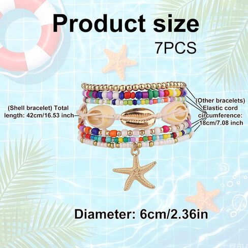 7pcs Summer Beach Bracelets for Women, Stackable Shell Seashell Starfish Beaded Surfer Bracelets Set Boho Seaside Holiday Vacation Party Friendship Jewelry Gift in Saudi Arabia