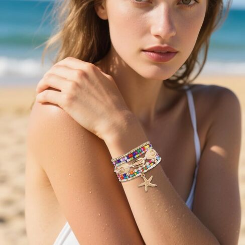 7pcs Summer Beach Bracelets for Women, Stackable Shell Seashell Starfish Beaded Surfer Bracelets Set Boho Seaside Holiday Vacation Party Friendship Jewelry Gift in Saudi Arabia