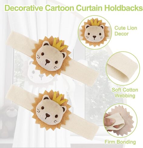 Cute Cartoon Animal Curtain Tiebacks, 4Pcs Drape Rope Holdbacks with Embroidered Lion Decor Cotton Nursery Curtain Ties for Baby Kid Room (Golden Lion) in Saudi Arabia
