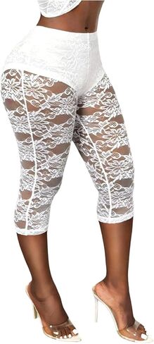 Milumia Women's Floral Lace See Through Leggings Low Waist 3/4 Length Sheer Pants in Saudi Arabia