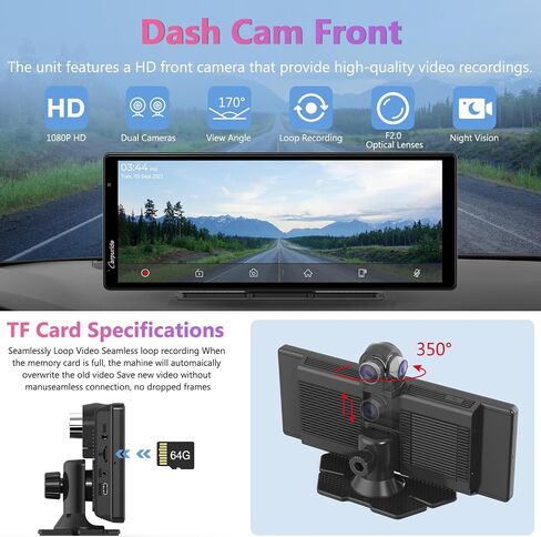 Carpuride Wireless Carplay & Android Auto 4+64GB 8-CORE ، عبر الإنترنت وغير متصل GPS Screenge 10.26 بوصة شاشة للسيارات ، G00GEL PLAY ، Netflix ، رابط المرآة ، بلوتوث ، GPS-Antenne ، CAM. in Kuwait