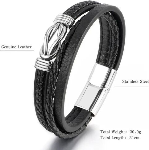 سوار الجلود السوداء Jewellbox للرجال مع الحجم الصليب اللاتيني- 8 ' in Kuwait