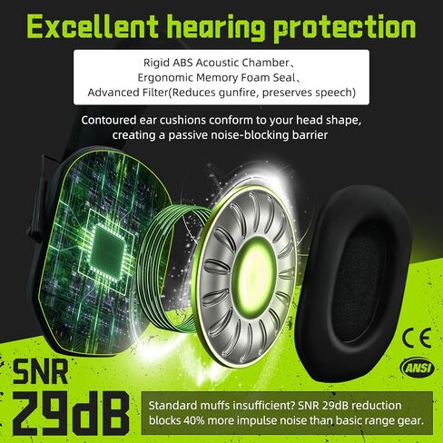 PROHEAR 022 حماية الأذن الإلكترونية لإطلاق النار والصيد - 29DB SNR الحد من الضوضاء ، تضخيم الصوت 5x ، 4 ميكروفونات متعددة الاتجاهات ، مكبرات صوت عالية الدقة - فطائر حماية السمع النطاق ، الأخضر in Kuwait