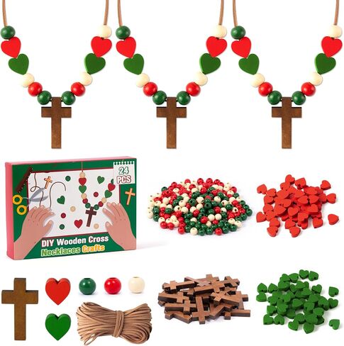 BeYumi خشبية الصليب قلادة الحرفية - 24pcs الخريف خشبية الصليب الخرز قلادة الحرفية عدة للأطفال DIY الشكر الصليب قلادة الخريف الدينية شاكرين ديكور الأحد مدرسة الفصول الدراسية المسيحية تفضل in Kuwait
