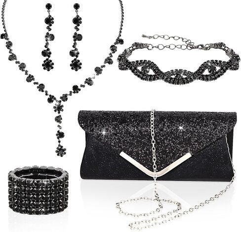 Wecoe 5pcs/set Jewelry Purse Set For Women Handbags Clutch Rhinestone Diamond Necklaces Bracelets Earrings Ring Set Wedding Bridal Prom Homecoming Costume Jewelry Formal Evening Bag Accessories in Kuwait