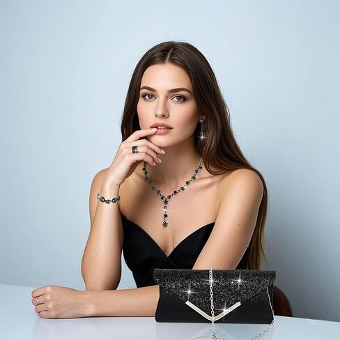 Wecoe 5pcs/set Jewelry Purse Set For Women Handbags Clutch Rhinestone Diamond Necklaces Bracelets Earrings Ring Set Wedding Bridal Prom Homecoming Costume Jewelry Formal Evening Bag Accessories in Kuwait