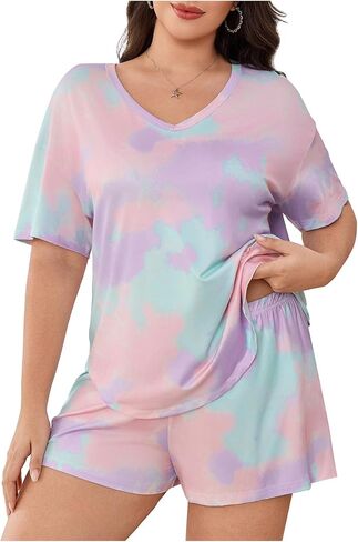 Wdirara Women's Plus Tie Tie Dye Pajama v Neck Shorts and Shorts 2 قطعة ليلية in Saudi Arabia