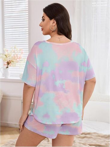 Wdirara Women's Plus Tie Tie Dye Pajama v Neck Shorts and Shorts 2 قطعة ليلية in Saudi Arabia