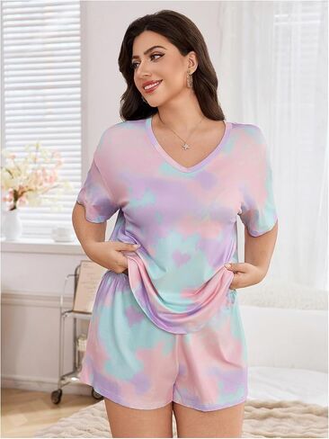 Wdirara Women's Plus Tie Tie Dye Pajama v Neck Shorts and Shorts 2 قطعة ليلية in Saudi Arabia