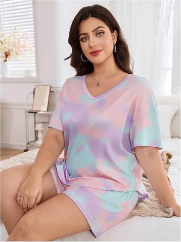 Wdirara Women's Plus Tie Tie Dye Pajama v Neck Shorts and Shorts 2 قطعة ليلية in Saudi Arabia