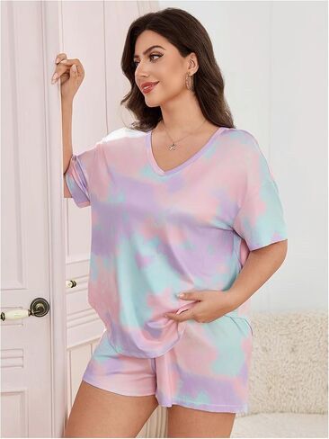 Wdirara Women's Plus Tie Tie Dye Pajama v Neck Shorts and Shorts 2 قطعة ليلية in Saudi Arabia