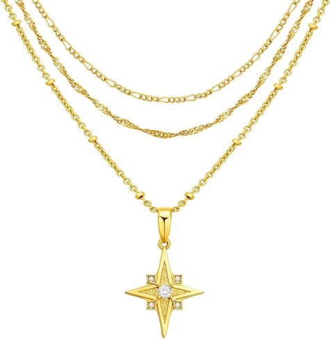 Cicy Bell Womens Four Point Star Necklace Sets Double Layer Chain 18k Gold Plated Cubic Zirconia Mother of Pearl Lucky Pendant Necklace in Saudi Arabia