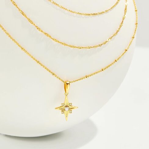 Cicy Bell Womens Four Point Star Necklace Sets Double Layer Chain 18k Gold Plated Cubic Zirconia Mother of Pearl Lucky Pendant Necklace in Saudi Arabia