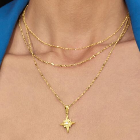 Cicy Bell Womens Four Point Star Necklace Sets Double Layer Chain 18k Gold Plated Cubic Zirconia Mother of Pearl Lucky Pendant Necklace in Saudi Arabia