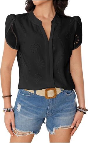 SweatyRocks Women's Puff Sleeve Tops V Neck Embroidery Eyelet Blouse Shirts in Kuwait