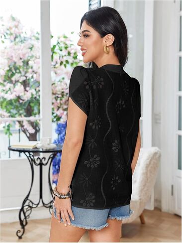 SweatyRocks Women's Puff Sleeve Tops V Neck Embroidery Eyelet Blouse Shirts in Kuwait