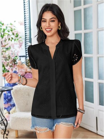 SweatyRocks Women's Puff Sleeve Tops V Neck Embroidery Eyelet Blouse Shirts in Kuwait