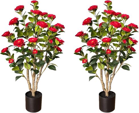 2 Pack 39" Artificial Camellia Tree, 3.2 Ft Fake Camellia Plant with 28 Blooming White Flowers, Artificial Plants in Pot for Home Front Door Christmas Indoor & Outdoor Decor in Kuwait