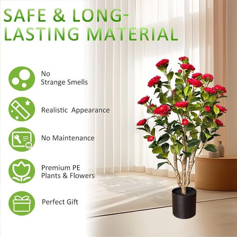 2 Pack 39" Artificial Camellia Tree, 3.2 Ft Fake Camellia Plant with 28 Blooming White Flowers, Artificial Plants in Pot for Home Front Door Christmas Indoor & Outdoor Decor in Kuwait
