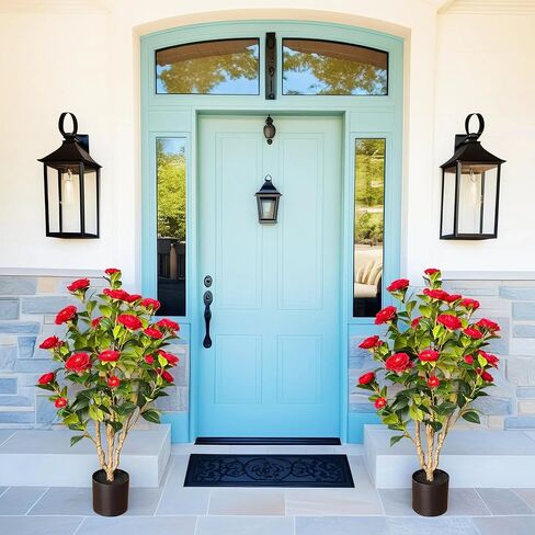 2 Pack 39" Artificial Camellia Tree, 3.2 Ft Fake Camellia Plant with 28 Blooming White Flowers, Artificial Plants in Pot for Home Front Door Christmas Indoor & Outdoor Decor in Kuwait