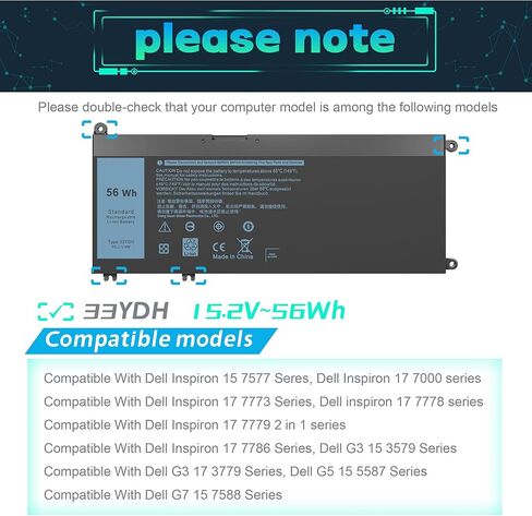 33ydh 56WH بطارية الكمبيوتر المحمول ملائمة لـ Dell Inspiron 17 7000 7778 7779 7786 7773 15 7577 G3 3579 3779 G5 5587 G7 7588 13 3380 3480 14 3490 15 3580 PVHT1 P30E 81PF3 in Kuwait